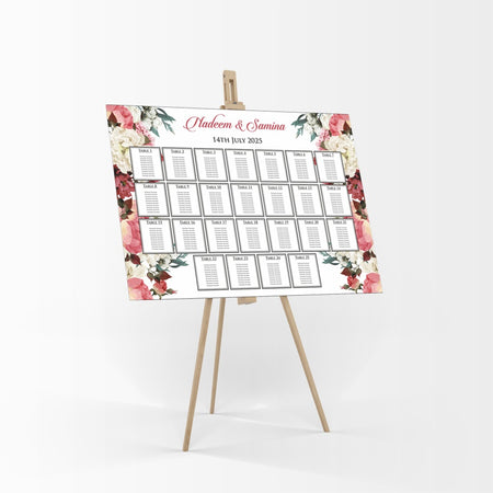A1 personalised landscape Wedding Table Plan mounted on board can be placed on easel with Floral pattern in pink, cream with green leaves on right and left side of the board