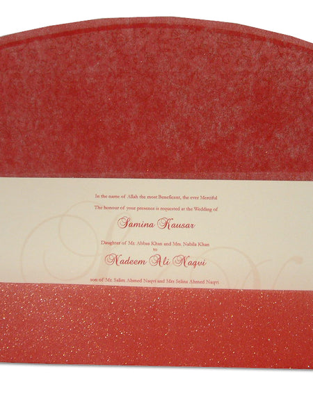 WD 8016 crimson filigree gold & Red Pocket party fabric invitation