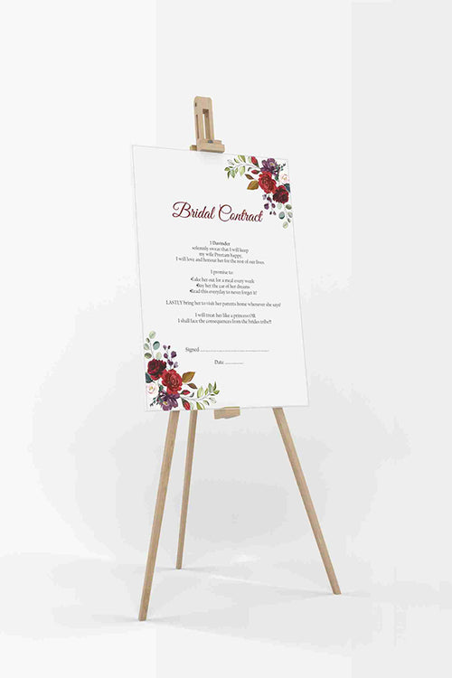 Load image into Gallery viewer, Maroon Floral Wreath – A1 Bridal Contract – Funny Agreement for Husband/Wife
