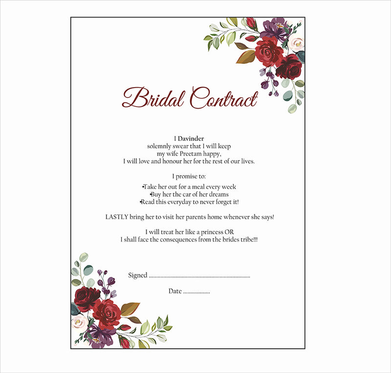 Maroon Floral Wreath – A1 Bridal Contract – Funny Agreement for Husband/Wife