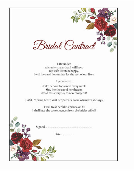 Maroon Floral Wreath – A1 Bridal Contract – Funny Agreement for Husband/Wife