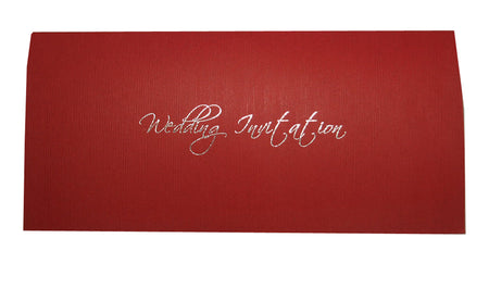 Front view of ABC 330 WI Landscape Red Wedding Invitation, showcasing silver foiled letterpressed 'Wedding Invitation' in cursive font on a bold red background, creating a luxurious and elegant design
