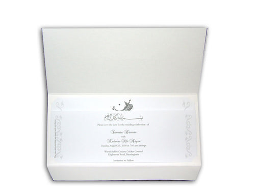 Load image into Gallery viewer, ABC 330 White Islamic Invitation with foiled Bismillah
