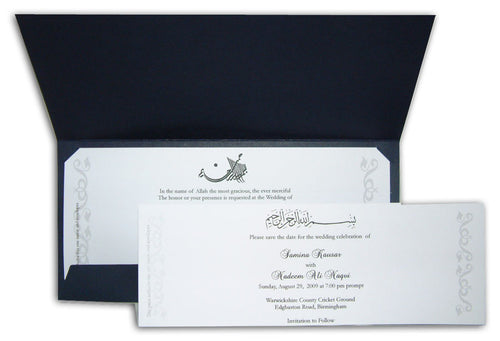 Load image into Gallery viewer, Blue Islamic Wedding invitation card with foiled Bismillah Calligraphy ABC 330
