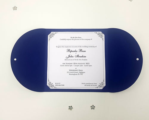 Load image into Gallery viewer, MCC Simple Blue With Silver Ribbon Gatefold Invitation
