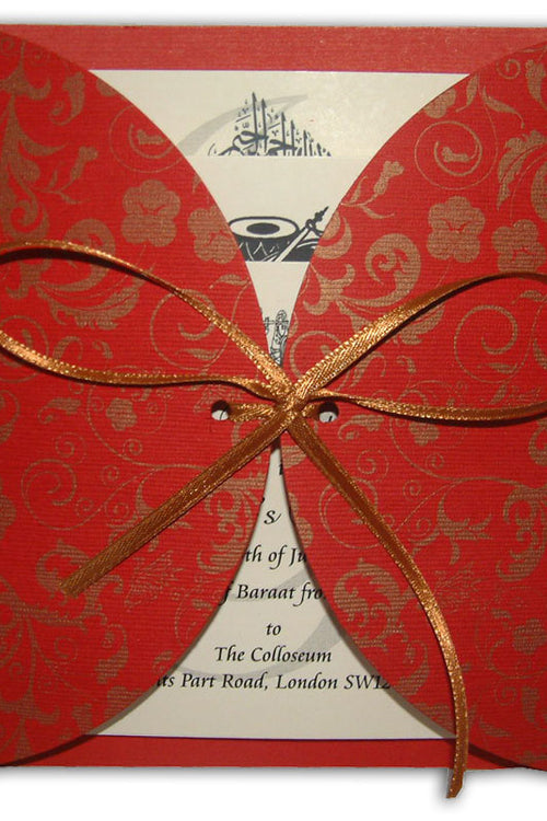Load image into Gallery viewer, MCC Red Circular Gatefold Red and Gold Pocket Invitation with ribbon
