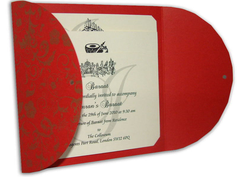 MCC Red Circular Gatefold Red and Gold Pocket Invitation with ribbon
