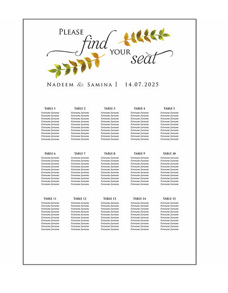Wedding Table Plan 
A1 Board easle  personalised portrait wedding stationery minimalist leaf
