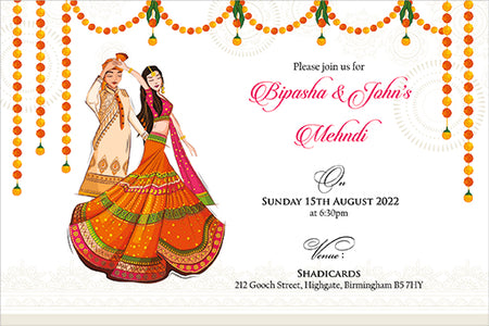 MND 301 A6 Mehndi invitation featuring a vibrant design with traditional wedding garlands and a dancing couple.