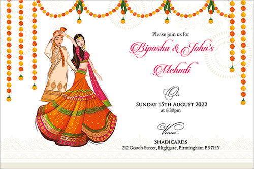 Load image into Gallery viewer, MND 301 A6 Mehndi invitation featuring a vibrant design with traditional wedding garlands and a dancing couple.
