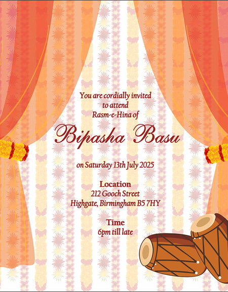 Mehndi Barat Walima Card with a vibrant dholki illustration from shadi card.com