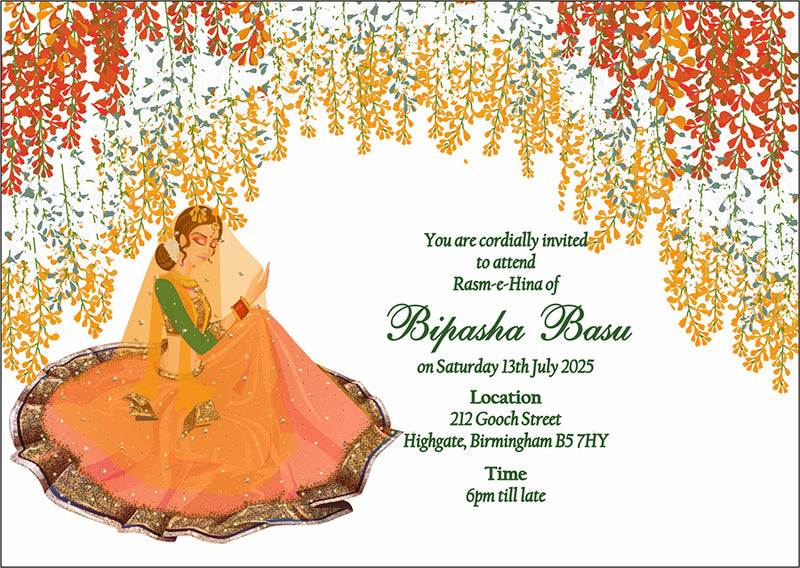 MND 303 Mehndi Invitation Card with Asian Bridal Caricature in Green and Orange