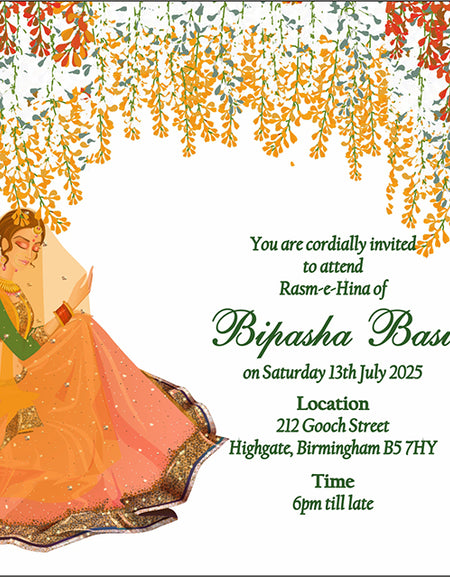 MND 303 Mehndi Invitation Card with Asian Bridal Caricature in Green and Orange