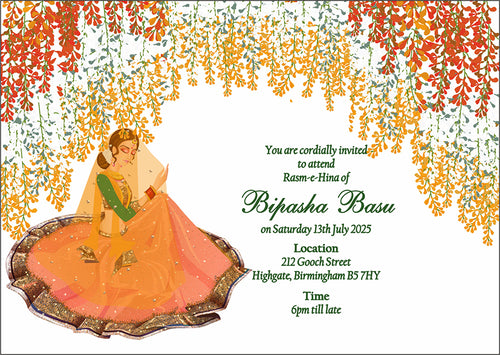 Load image into Gallery viewer, MND 303 Mehndi Invitation Card with Asian Bridal Caricature in Green and Orange
