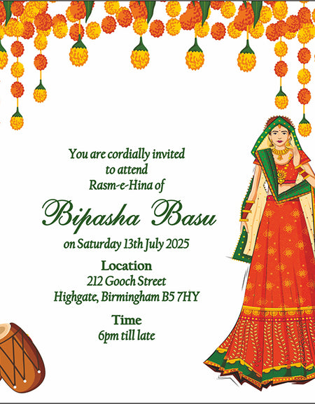 Pakistani Mehndi Evening Invitation Card Design Template in Yellow and Orange