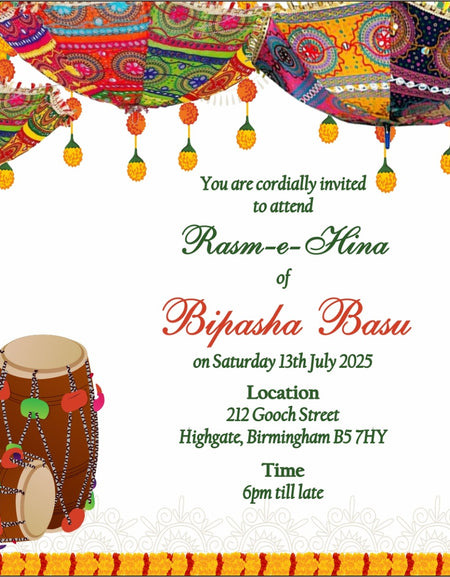Dholki Ceremony Invitation Card with Vibrant coloured umbrellas and dolkhis graphic