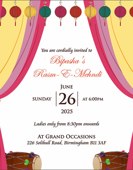 Desi Rasm-e-Hina mehndi invitation card in bright colours and Dolkhi Card