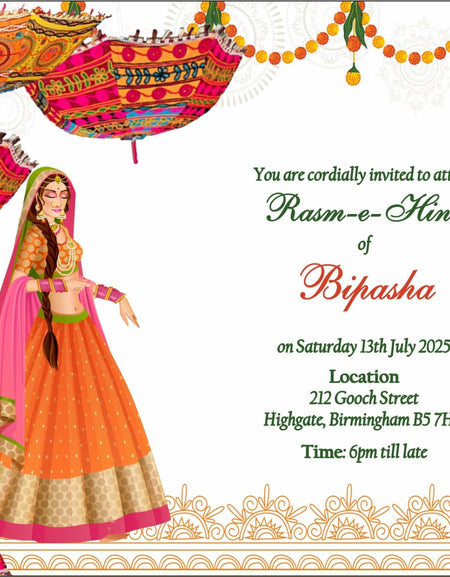 Henna wedding invitations with bright umbrellas
