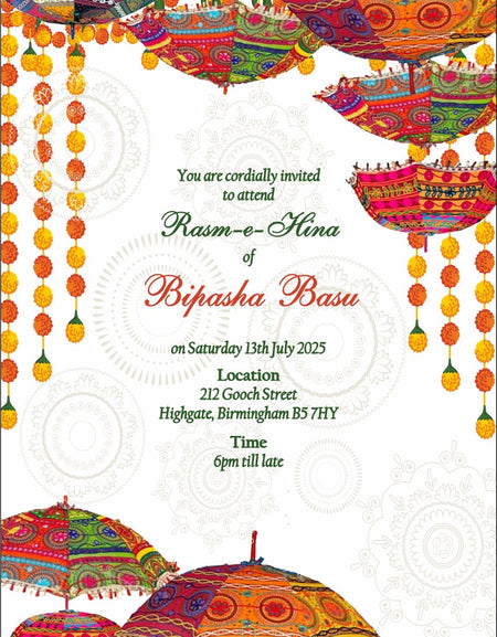 MND 326 Asian Style Bright coloured umbrellas A6 Mehndi Invitation