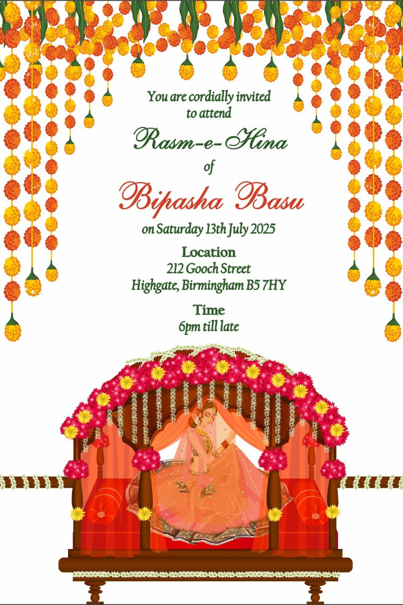 Marigold Garlands in Orange & Yellow on This Rasm e Hina Mehendi Invitation Card which also has an image of the Indian Bride sitting inside a Doli design by shadi card.com