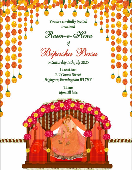 Marigold Garlands in Orange & Yellow on This Rasm e Hina Mehendi Invitation Card which also has an image of the Indian Bride sitting inside a Doli design by shadi card.com