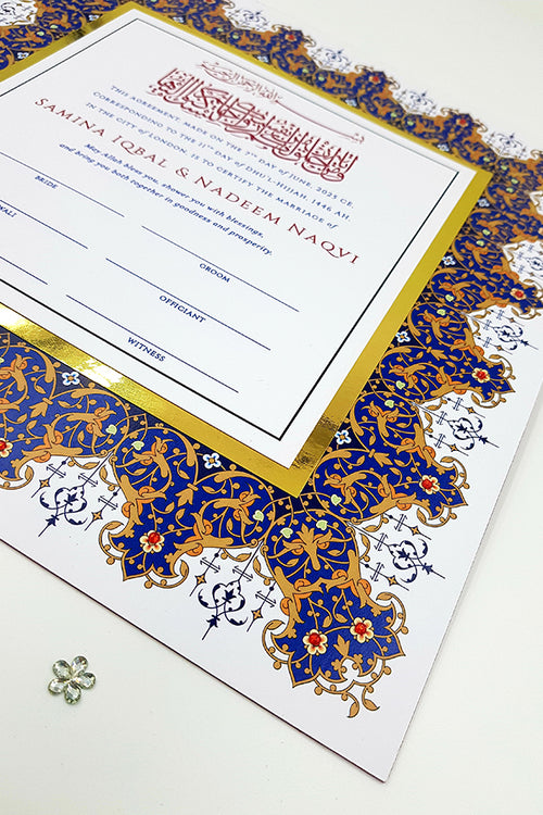 Load image into Gallery viewer, NK 102 Personalised Blue and Gold Arabesque Design Embellished Nikah Nama NK 102
