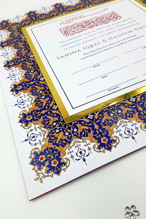 Load image into Gallery viewer, NK 102 Personalised Blue and Gold Arabesque Design Embellished Nikah Nama NK 102
