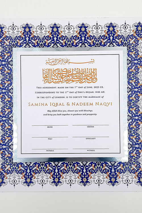 Load image into Gallery viewer, NK 103 Personalised and Customised Blue and silver Muslim Marriage Nikah Nama
