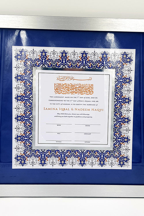 Load image into Gallery viewer, NK 103 Personalised and Customised Blue and silver Muslim Marriage Nikah Nama
