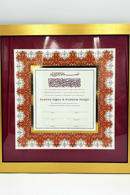 Load image into Gallery viewer, NK 105 Personalised Arabesque Red and Gold Square Islamic Nikah Nama
