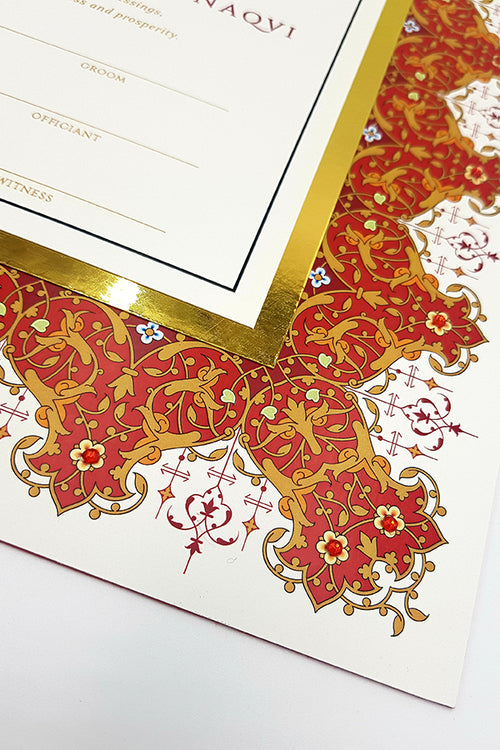 Load image into Gallery viewer, NK 105 Personalised Arabesque Red and Gold Square Islamic Nikah Nama
