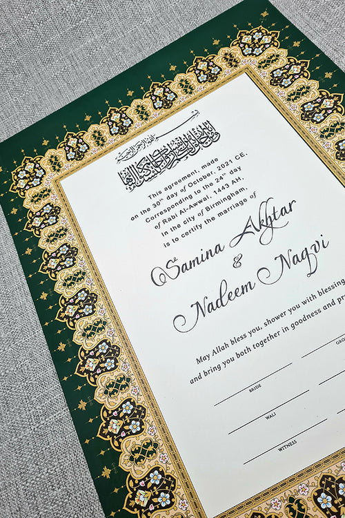 Load image into Gallery viewer, NK 120 Green Personalised Islamic Nikah Nama Marriage Certificate
