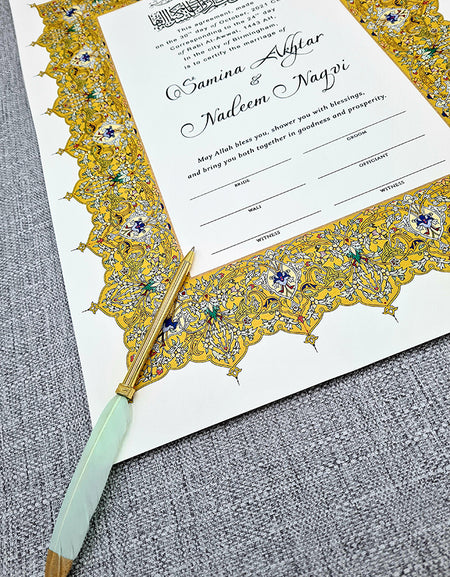 NK 124 Mustard coloured Arabesque Border Made to Order Nikah Nama