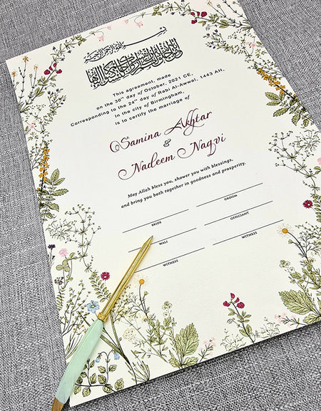 NK 126 Floral Border Custom Made Nikah Nama for Islamic Weddings