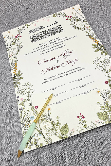 NK 126 Floral Border Custom Made Nikah Nama for Islamic Weddings