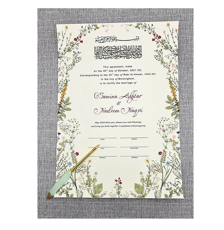 NK 126 Floral Border Custom Made Nikah Nama for Islamic Weddings