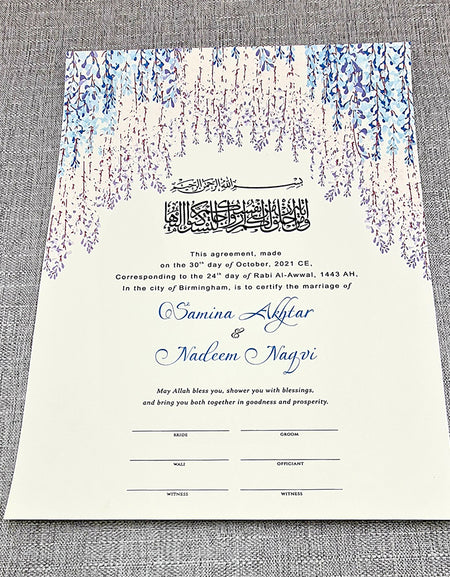 NK 127 Blue Floral Personalised Nikahnamah for Islamic Marriage