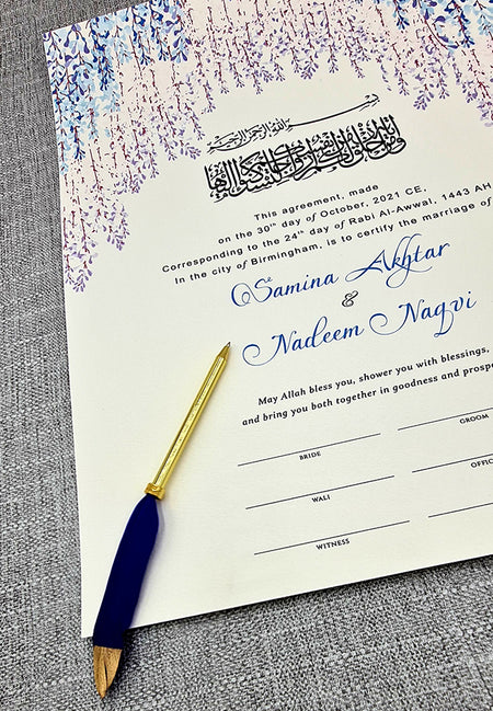 NK 127 Blue Floral Personalised Nikahnamah for Islamic Marriage