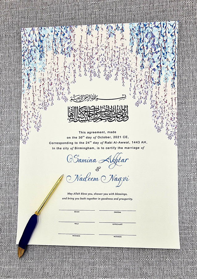 NK 127 Blue Floral Personalised Nikahnamah for Islamic Marriage