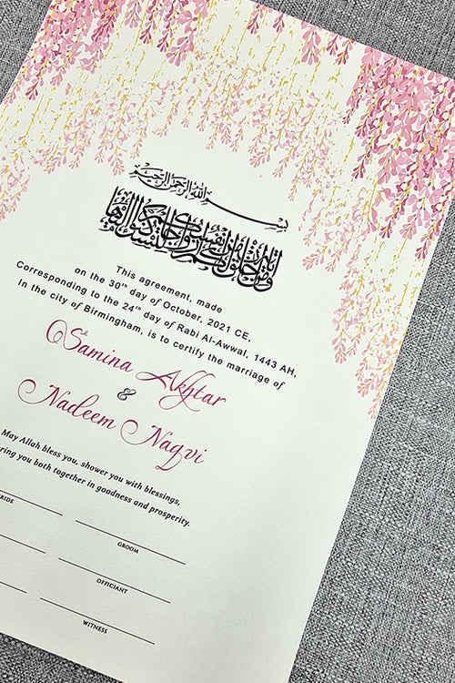 Load image into Gallery viewer, NK 127 Pink Floral Customised Nikah Nama Islamic Marriage Certificate
