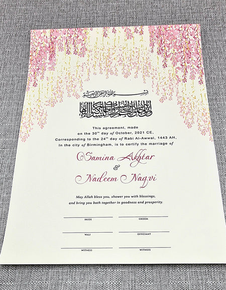 NK 127 Pink Floral Customised Nikah Nama Islamic Marriage Certificate