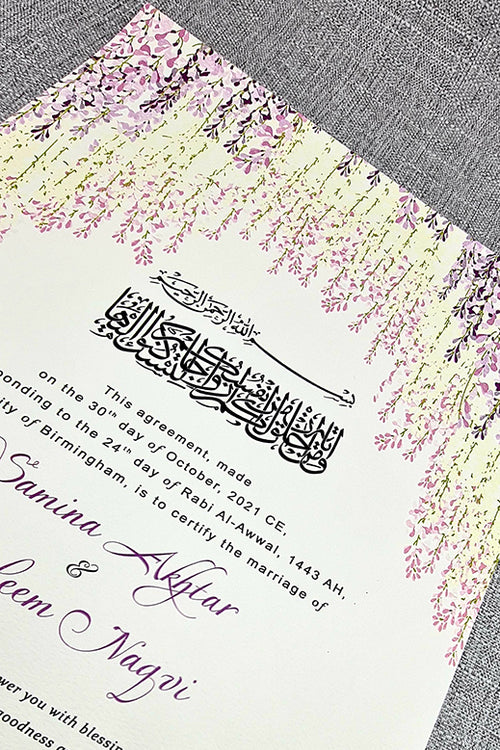Load image into Gallery viewer, NK 127 Purple Floral Personalised Nikah Nama Islamic Marriage Certificate
