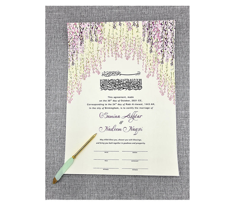 NK 127 Purple Floral Personalised Nikah Nama Islamic Marriage Certificate