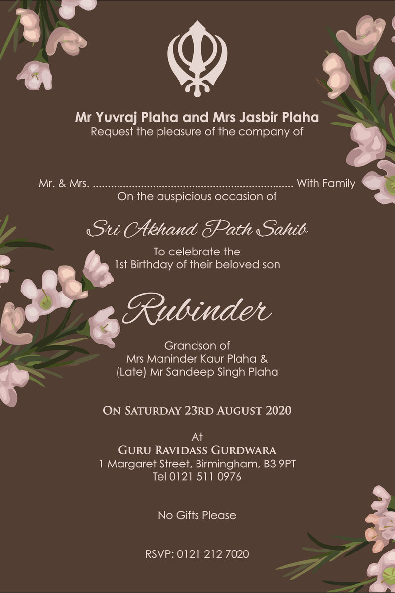 NZ 1010 Brown rustic floral Akhand Path Invite