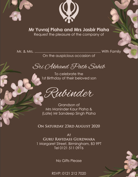 NZ 1010 Brown rustic floral Akhand Path Invite