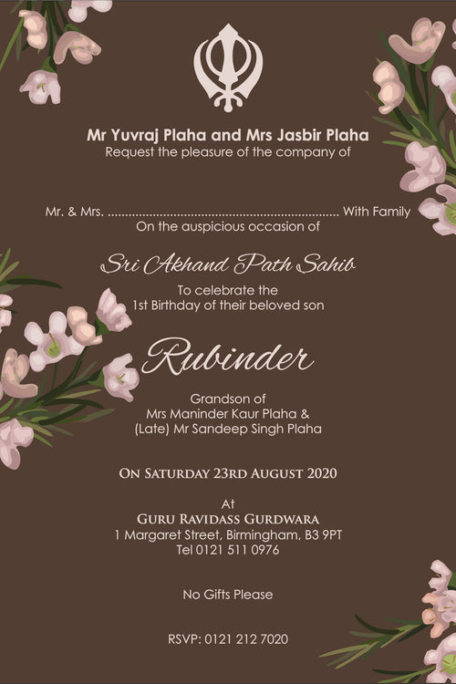 Load image into Gallery viewer, NZ 1010 Brown rustic floral Akhand Path Invite
