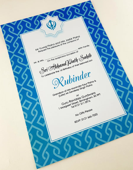 NZ 1022 Blue boys Birthday Akhand Path Invitation Card
