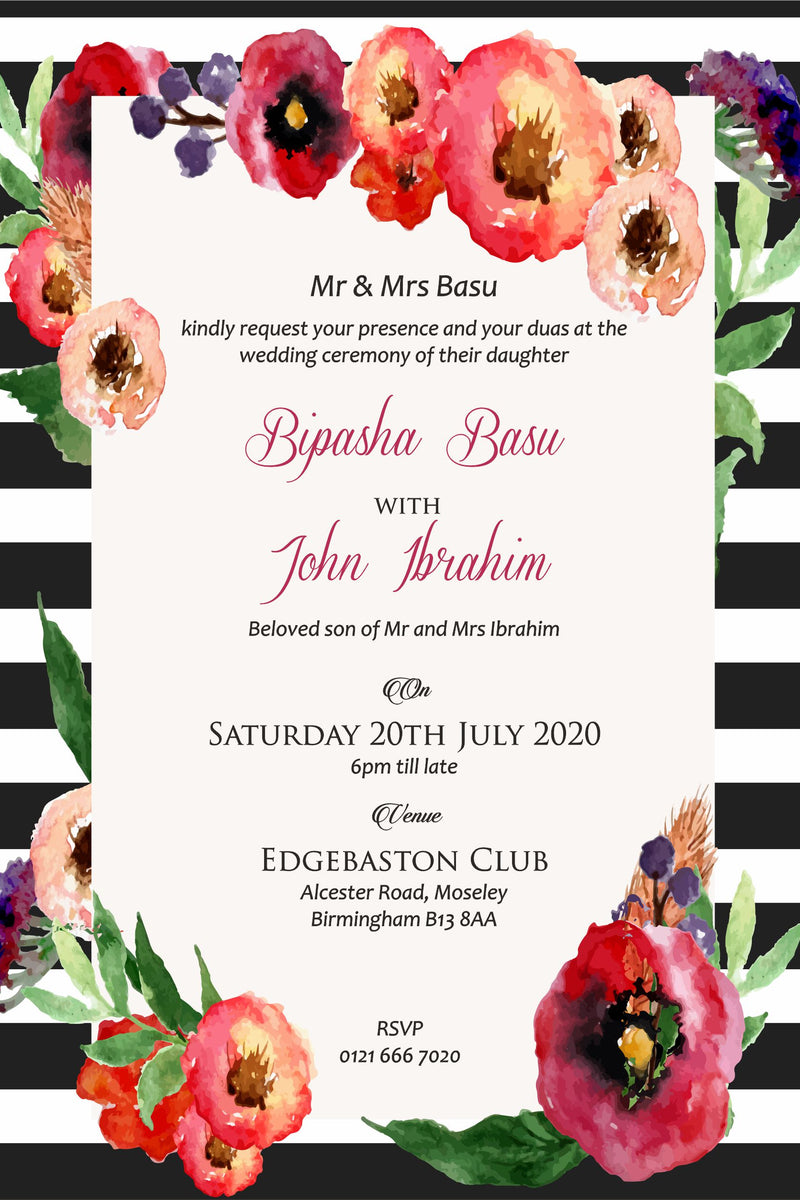 NZ 402 Black and White Stripe Floral Invitation