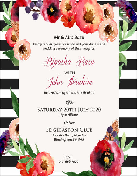 NZ 402 Black and White Stripe Floral Invitation