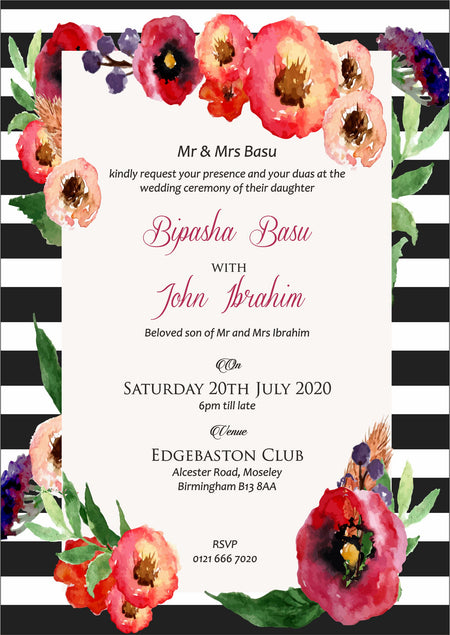 NZ 402 Black and White Stripe Floral Invitation